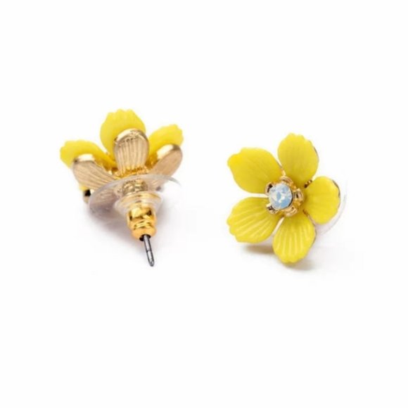 Yellow Daisy Flower Rhinestone Gold Stud Earrings - Picture 3 of 10
